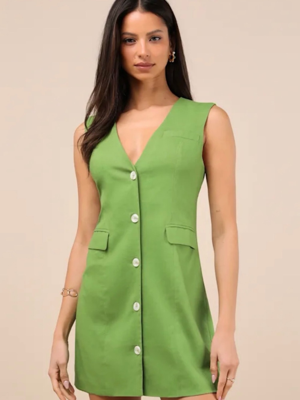 NWOT Lulus Green Linen Button-Front Sleeveless Mini Dress